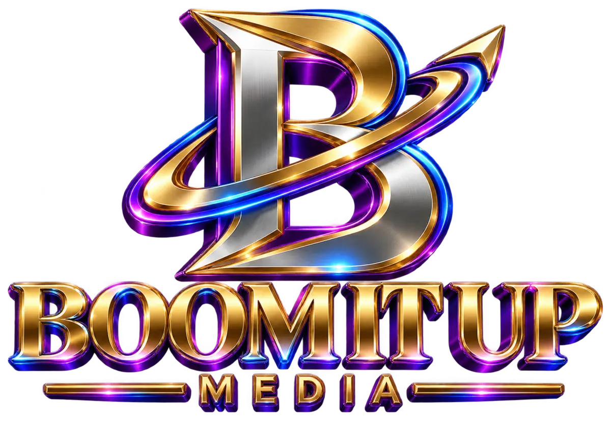 Boom It Up Media sculpted gold and chrome logo with blue-purple reflections