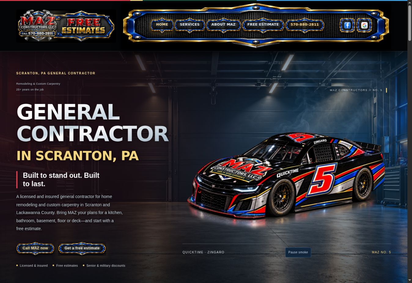 Current MAZ Constructors homepage with custom metallic navigation and number five race car hero