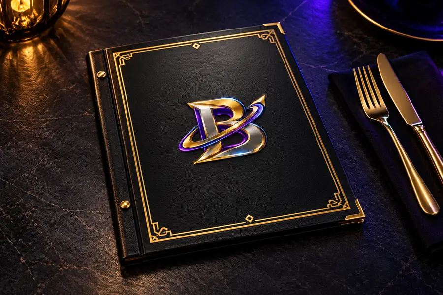 Black and gold restaurant menu cover with the Boom It Up Media mark